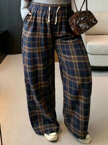 Dazy Plus Plus Size Elastic Waist Drawstring Loose Plaid Casual Pants, Suitable For All Seasons Fall