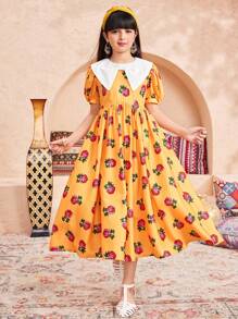 SHEIN 青少年女孩休闲节日花卉印花拼色泡泡袖连衣裙 - 黃色 - 查看 3