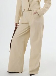 SHEIN Unity Stylish Pleated Wide Leg Trousers With Button Detail - Apricot - View 5