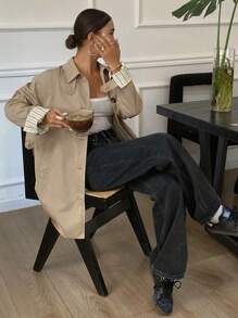 Livesso Abrigo de mujer tipo gabardina de corte holgado con parches de colores contrastantes, ropa de otoño