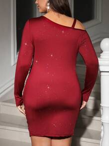 Ellevyn Abito elegante attillato con maniche lunghe, collo asimmetrico e glitter, taglia comoda per donne curvy - Rosso - Visualizzare 3
