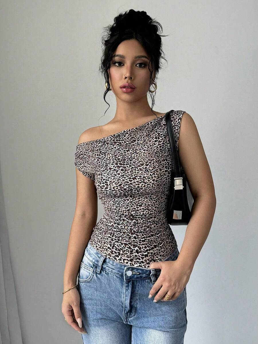 Chiquease Women's Leopard Print Oblique Shoulder Casual Bodysuit, Slim Fit