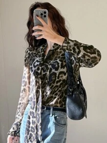 DAZY Women's Fashionable Leopard Print Mesh Ruffled Collar Blouse, Autumn Cheetah Print Long Sleeve Top