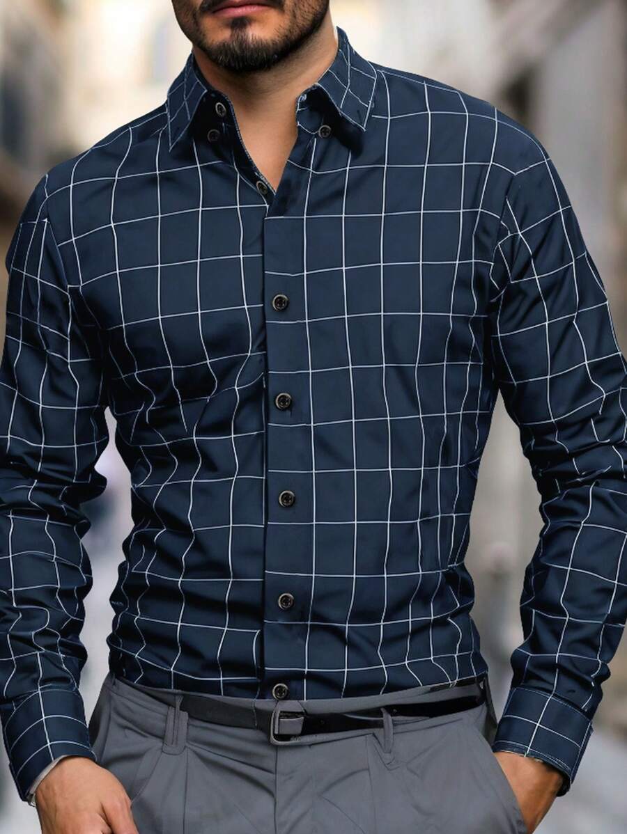 Manfinity Mode 男士前扣长袖格子休闲衬衫，适合秋季日常穿着，复古风 - 藏蓝色 - 查看 1