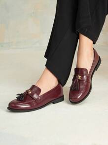 MOTF PREMIUM 女士 ANCOLA 红色乐福鞋，复古英伦风平底鞋 - 酒紅色 - 查看 8