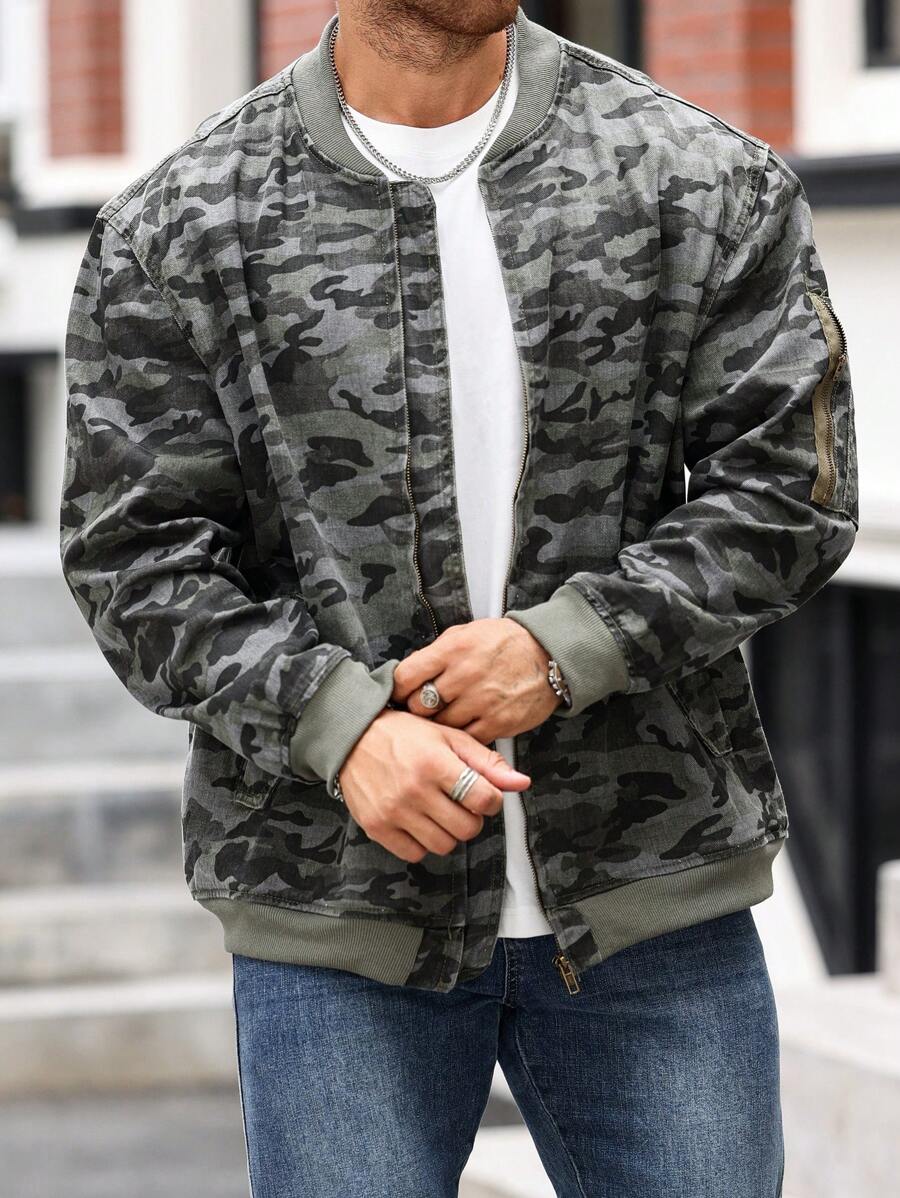 Manfinity Homme 加大码男士前拉链长袖口袋简约牛仔外套，秋季款