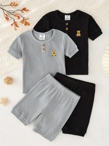 SHEIN Leap Crew 男童可爱简约熊贴片装饰圆领短袖短裤柔软舒适贴肤紧身睡衣套装 4 件