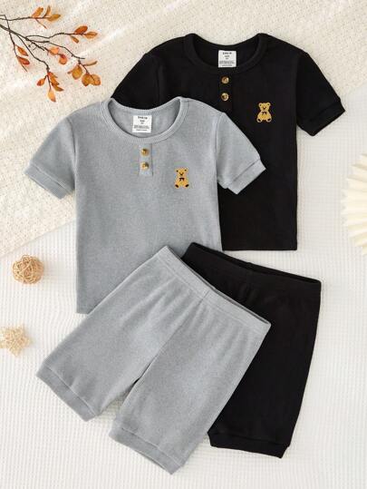 SHEIN Leap Crew 男童可爱简约熊贴片装饰圆领短袖短裤柔软舒适贴肤紧身睡衣套装 4 件