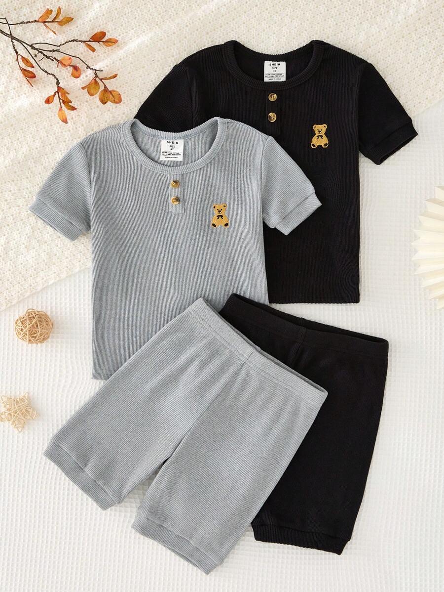 SHEIN Leap Crew 男童可爱简约熊贴片装饰圆领短袖短裤柔软舒适贴肤紧身睡衣套装 4 件