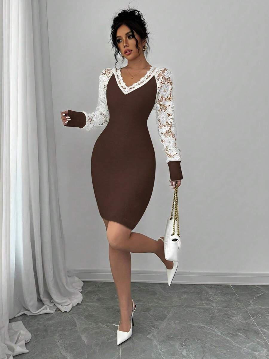 SHEIN Unity 女士毛衣裙，合身，纯色，休闲，优雅，日常穿着 - 咖啡棕 - 查看 1