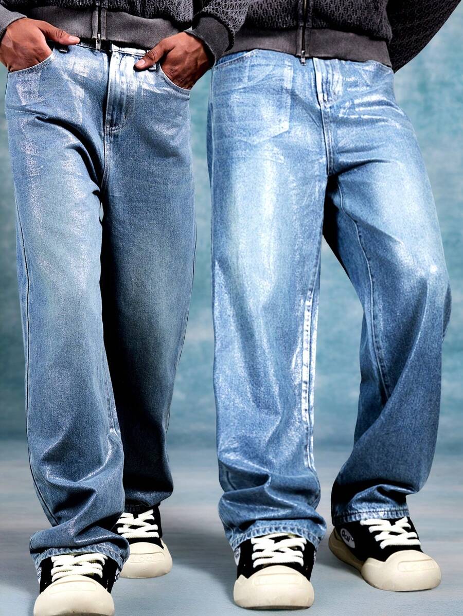 SHEIN Teenager Jungen Mode Lässig Vintage blau Heißsilber nostalgisches Design bequeme weite Jeans für Jungen Kostüme, Alltagskleidung und Herbst/Winter Teenager Jungen Kleidung - Blau - Übersicht 1