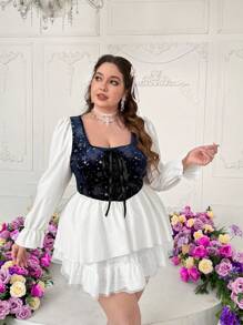 Lyrianda Plus Size Square Collar Velvet Bling Bling Lace Tie Front Contrast Ruffle Hem Long Sleeve Blouse For Women,Valentine - Multicolor - View 6