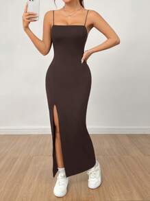 SHEIN PETITE Vestido longo de saia com fenda alta, de cor sólida e alça, preto - Café - Visão 3