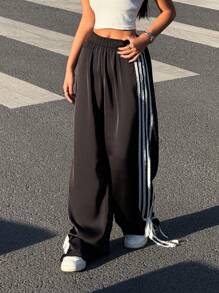 SHEIN EZwear 女士纯色松紧腰休闲阔腿裤 - 棕色 - 查看 1