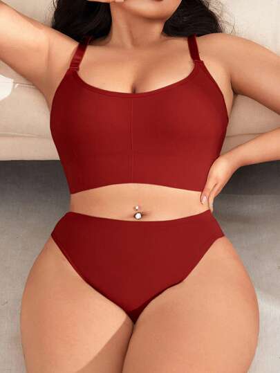 Ocili Plus Size Solid Color Lingerie Set, Simple Tank Top & Panty, Casual & Fashionable For Daily Wear, Lift