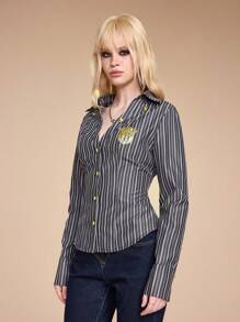 ROMWE Grunge Punk Y2K Harajuku Baddie Skeleton Slogan Foil Print Striped V-Neck Cinched Shirt - Black - View 5