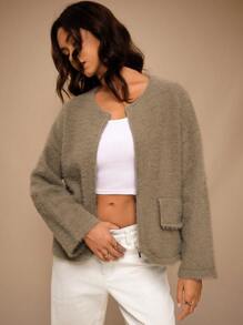Forever 21 Women Solid Color Front Zipper Long Sleeve Minimalist Top, Casual Everyday Wear - Camel - View 8