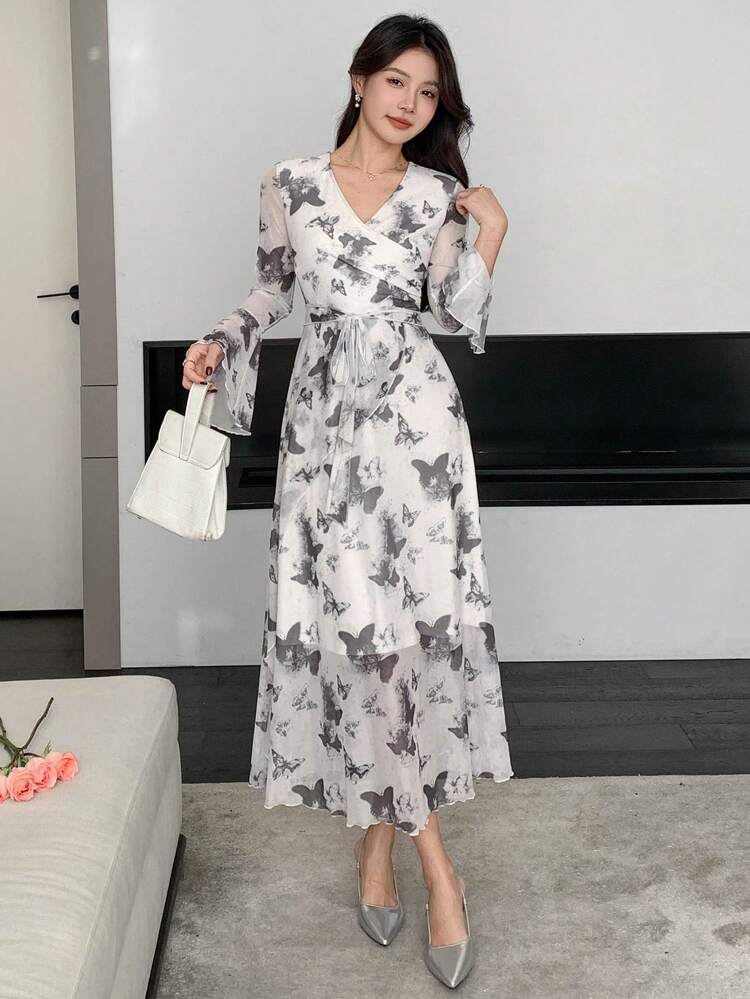 Women's Spring/Fall Floral Elegant Mid-Length Dress, Suitable For Valentine's Day,Ruffle Long Sleeve Dress Maxi Dress Boho