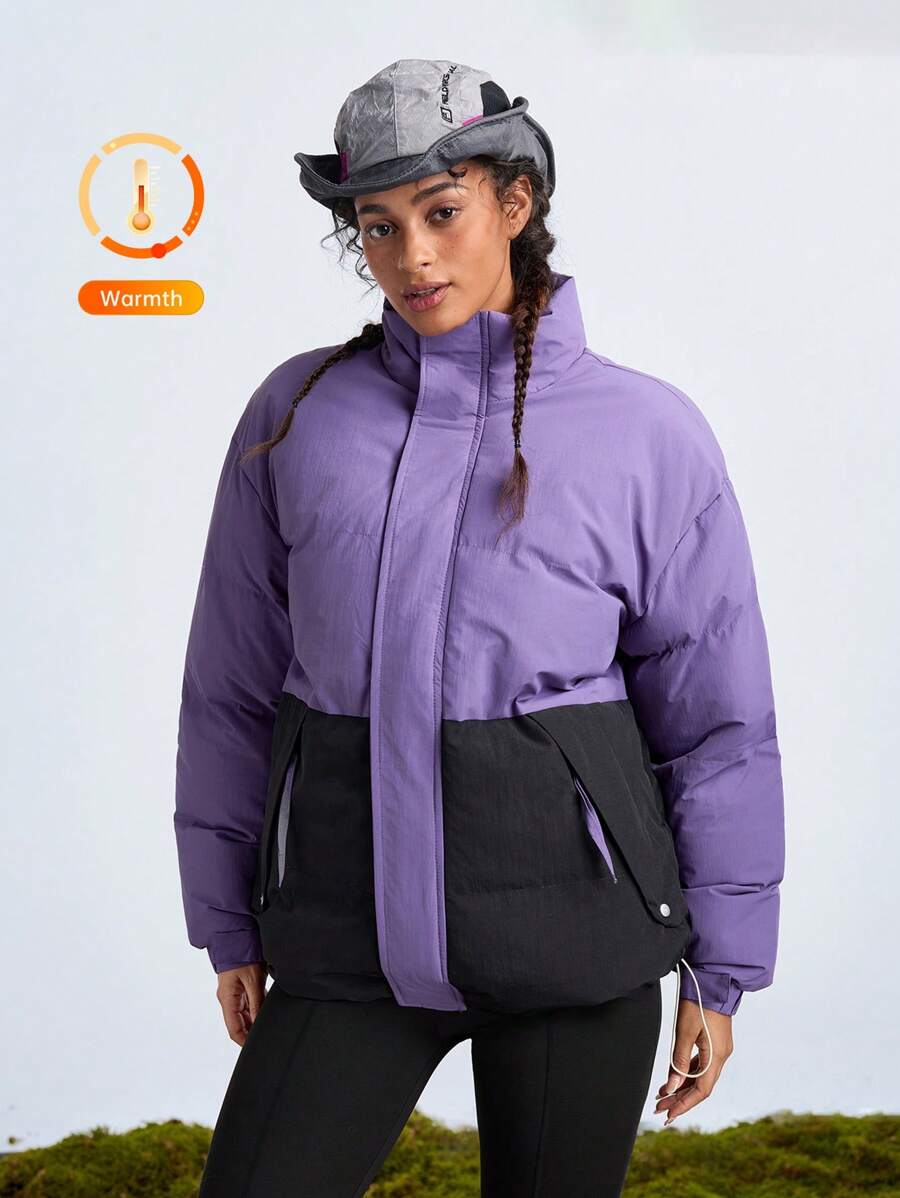 SHEIN Urban Outdoor Wear Thick Warm Colorblock Women Sports Padded Coat - Purple - View 1