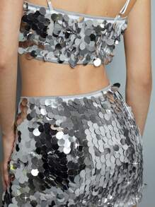 Maija 女士亮片银色短款吊带背心裙套装，时尚圣诞派对装，节日，除夕庆祝情人节，节日 - 銀色 - 查看 6