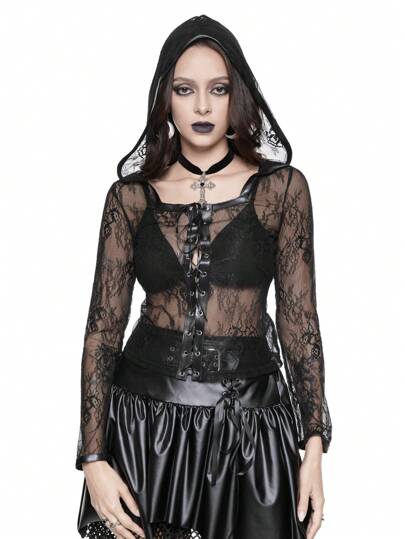Goth Felpa con cappuccio in stile gotico con patch in pizzo e coulisse, adatta per Ognissanti, può essere indossata come strato interno o esterno, per tutte le stagioni