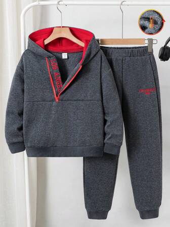 SHEIN Tween Boy Broderade Bokstav Långärmad Fleece Huvtröjor Och Joggingbyxor Fritidskläder, Höst Vinter
