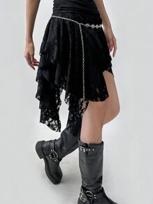 DAZY 女式黑色不对称下摆蕾丝裙，四季节日，荷叶边