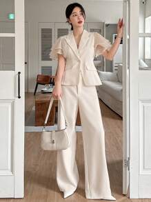 DAZY Women Front Button Short Sleeve Simple Top And Long Pants Suit Business Attire - White - View 7