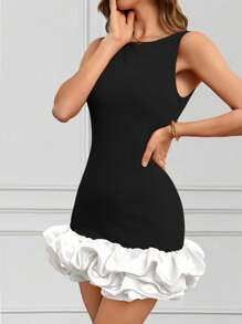 INAWLY Women's Colorblock Round Neck Sleeveless Ruffle Hem Short Casual Black And White Dress - Black and White - View 5