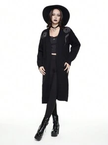 ROMWE Gothic Snake And Floral Embroidered Long Cardigan, Casual - Black - View 2
