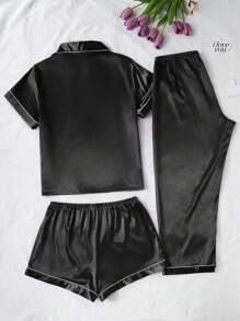 LuxeNights Plus Size Women 1 Set Solid Color Faux Silk Collar 3-Pieces Top & Shorts & Pants Sleepwear Set, Outfits