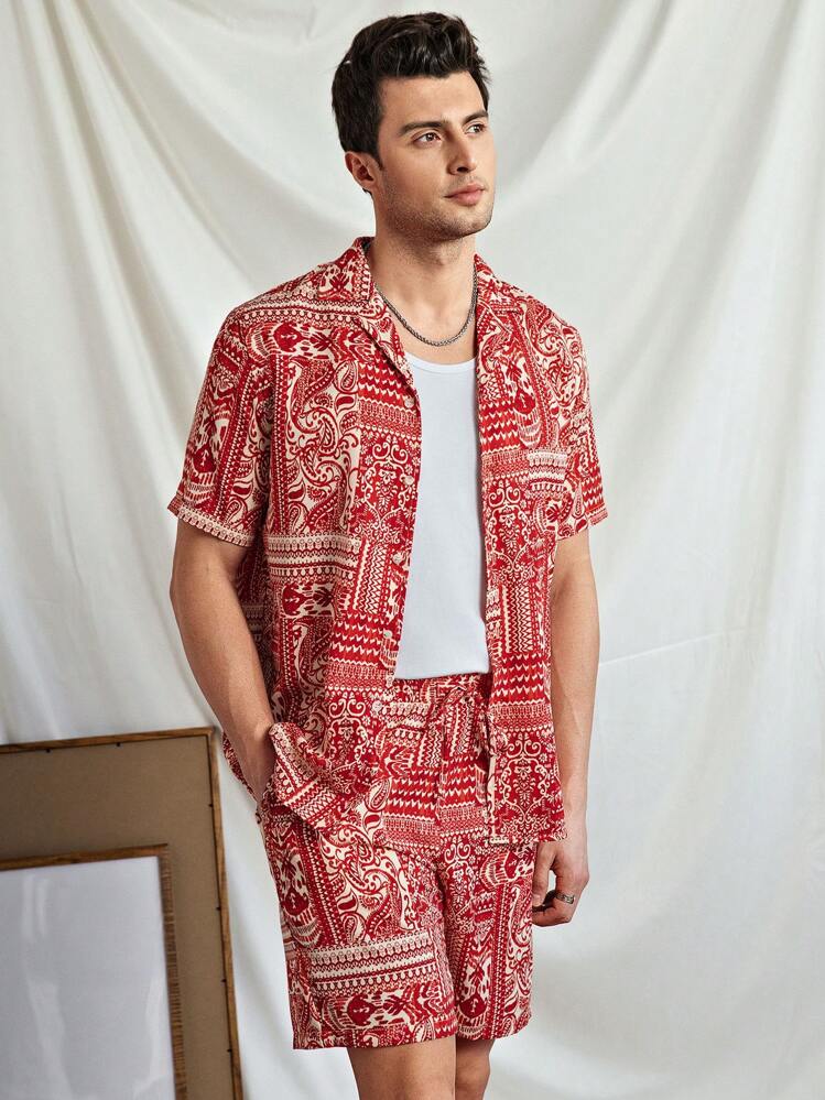 Manfinity VCAY 2 pièces/set Chemise décontractée à manches courtes avec col en pointe, coupe slim, motif imprimé, convient pour l'été, pour hommes - Multicolore - Voir 4