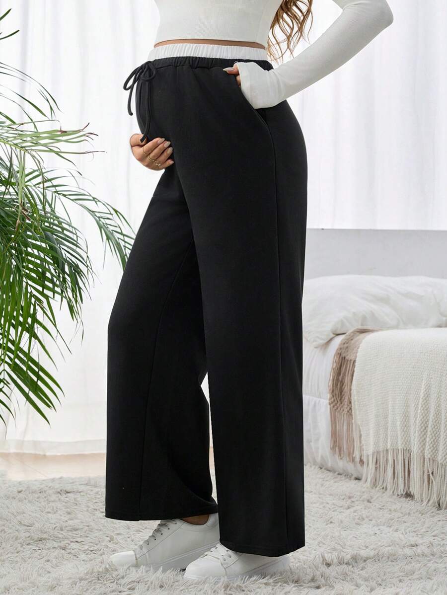 SHEIN Maternity Solid Color Patchwork Tie Front Pocket Casual Long Pants For Everyday Wear - Black - View 1