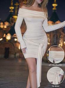 Allurite Figure-Flattering Lace-Up Design Waist Slimming Long Sleeve Bodycon Dress For Women