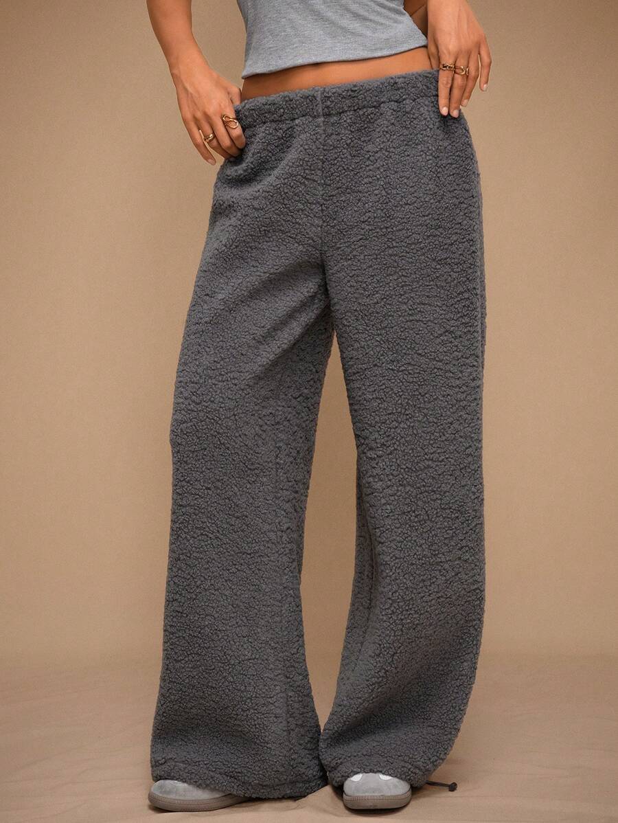 Forever 21 Women's Simple Solid Color Drawstring Warm Long Pants, Casual For Winter - Grey - View 1