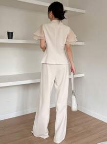 DAZY Women Front Button Short Sleeve Simple Top And Long Pants Suit Business Attire - White - View 5