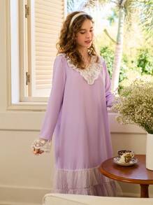 少女简约蕾丝撞色长袖长睡袍家居服，适合春秋季节 - 紫色 - 查看 3