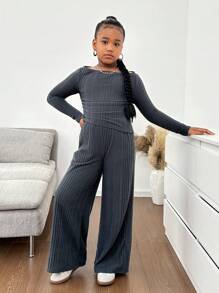 SHEIN Tween Girls Casual And Warm Dark Gray Pitted Knitted Slim Top + Wide-Leg Pants Two-Piece Set, For Autumn Winter, Suitable For Casual Daily Wear & School Daily In Autumn & Winter, Back To School