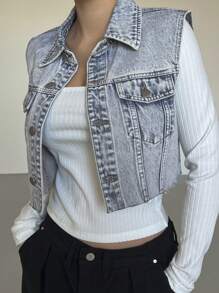 DAZY 女士超短磨边牛仔背心 - 淺色水洗藍 - 查看 3