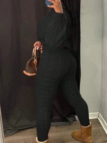 Bộ quần áo len cardigan cổ chữ V sâu màu trơn thường ngày cỡ lớn dành cho nữ - màu đen - Xem 2