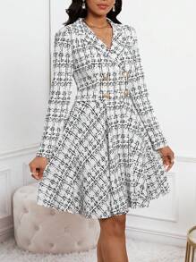SHEIN Lady White Denim Printed A-Hem Elegant Long Sleeve Dress Women Clothes Women's Dress - White - View 2