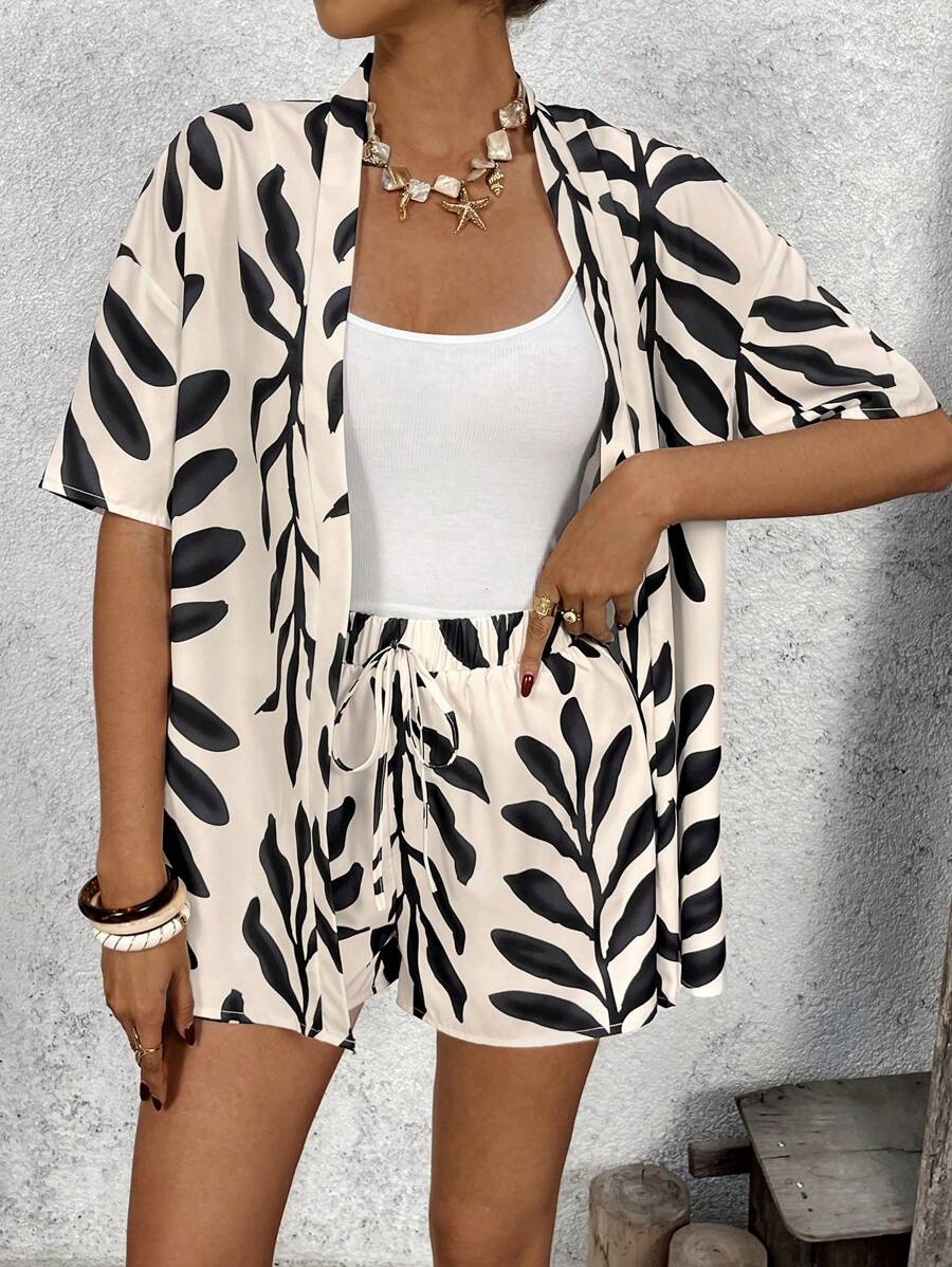 SHEIN VCAY 2pcs Plus Size Casual Retro Leaf Print Loose Outfit, Suitable For Summer - Multicolor - View 1
