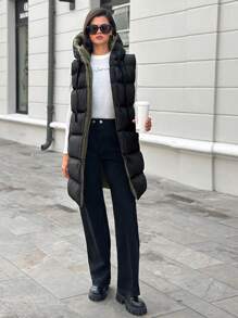 EURMUSE Zip Up Hooded Puffer Vest Coat - Black - View 4