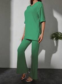 EURMUSE Solid Split Hem Tee & Flare Leg Trousers - Green - View 5