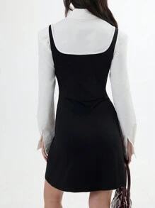SHEIN Unity 基本款撞色绑带背心迷你连衣裙（不含内衣） - 黑與白 - 查看 2