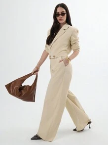 SHEIN Unity Stylish Pleated Wide Leg Trousers With Button Detail - Apricot - View 4