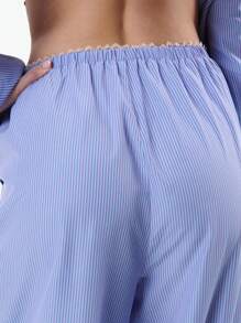TypaGal 蕾丝边纽扣细节条纹阔腿裤 - 藍色 - 查看 7