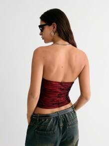 Flirla Women's Sexy Party Halter Top In Crimson Red Shiny Ruched Fabric - Burgundy - View 5