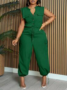 Slaydiva 大码优雅通勤休闲纯色黄色无袖V领开襟抽绳腰带交叉口袋及踝连体裤，春夏款，女款 - 綠色 - 查看 3