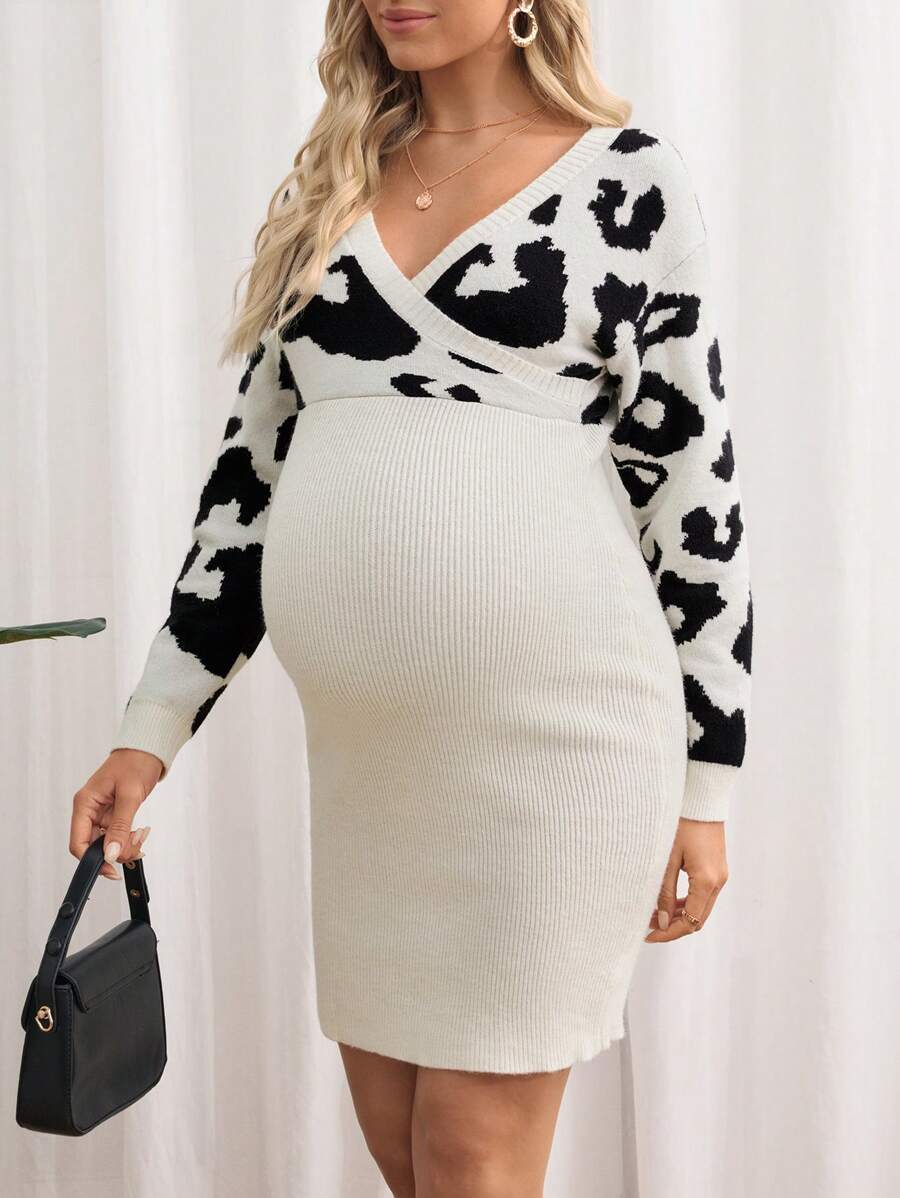 SHEIN Leopard Pattern Knitted Sweater, V-Neck Long Sleeve Slim Fit Maternity Knitted Sweater, Winter - Apricot - View 1